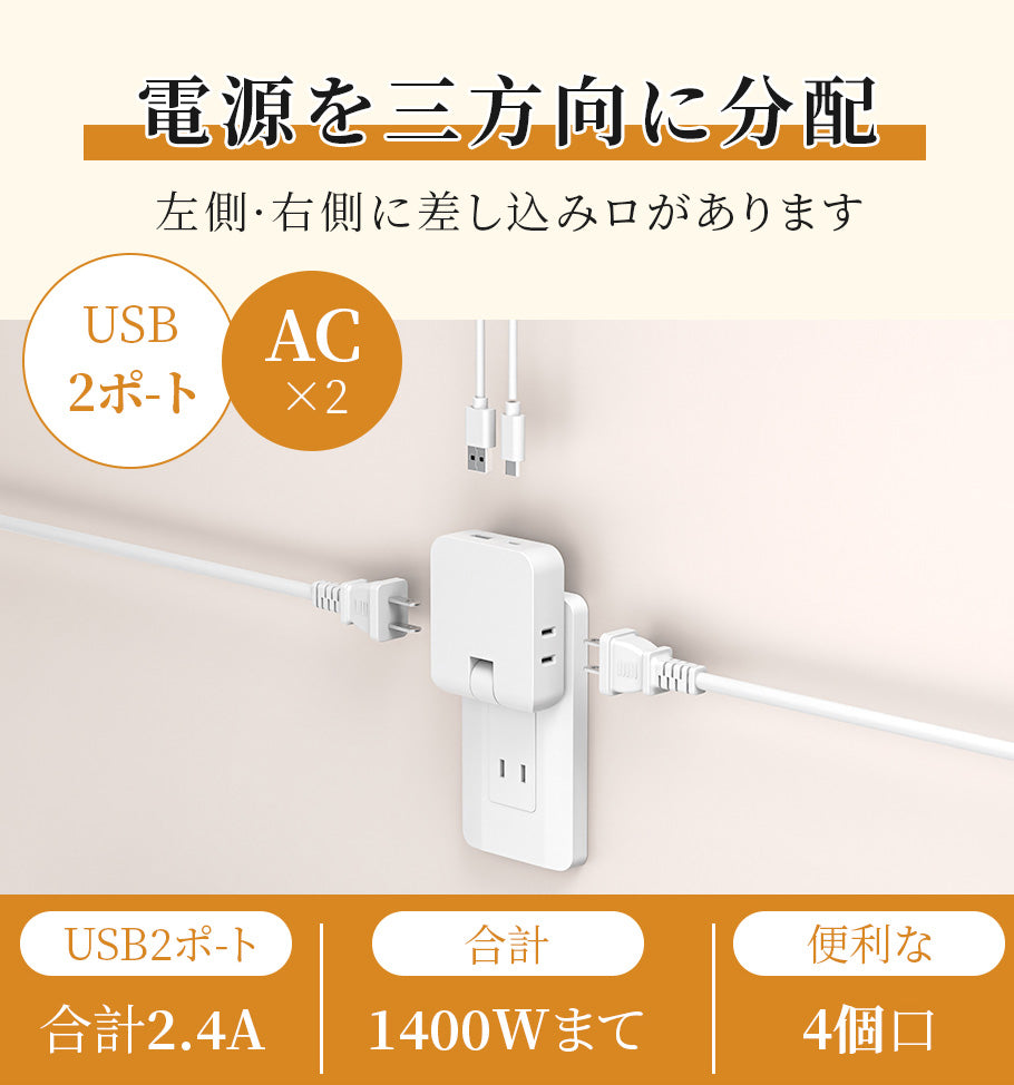 電源タップ usb付き コンセント 小型軽量 usb 1個usb-c 1個usb-a 2個AC口 USB-C コンセントタップ oaタップ 直挿しタップ MINIタップ