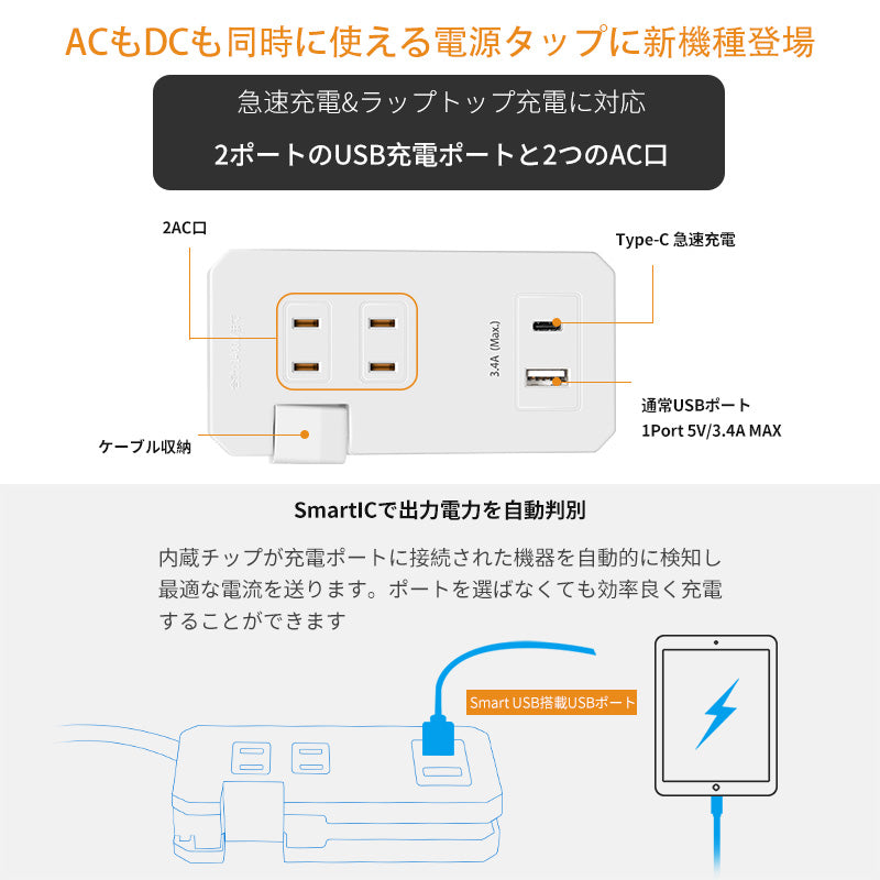 電源タップ コンセント タップ usb ACアダプター 2AC+充電器 急速充電 USB-C 延長コード 過電保護 軽量 コンパクト 旅行 ホワイト 送料無料