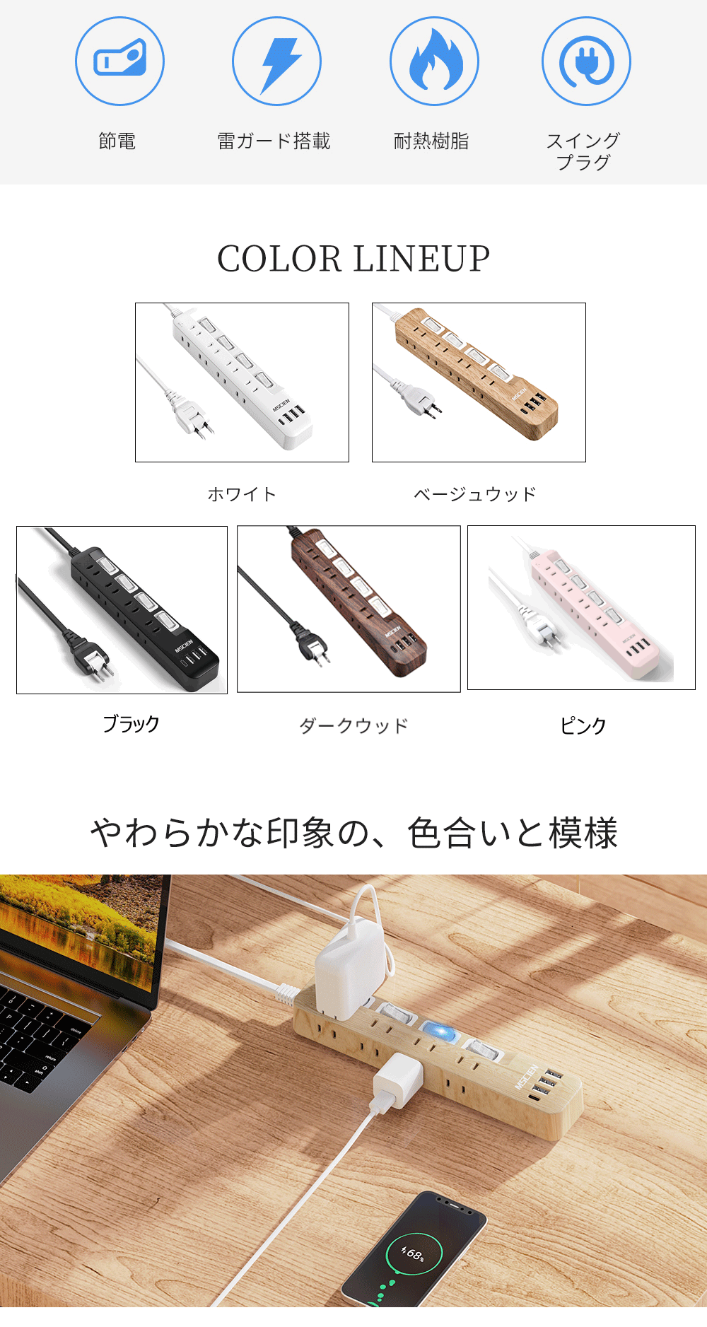 電源 タップ USBタップ 電源コード usb 2m/3m/5m USB 4口 type-c 個別スイッチ 雷ガード usb-c マルチ たこあし分岐 oaタップ テーブルタップ 延長ケーブル 木目調 ウォルナット