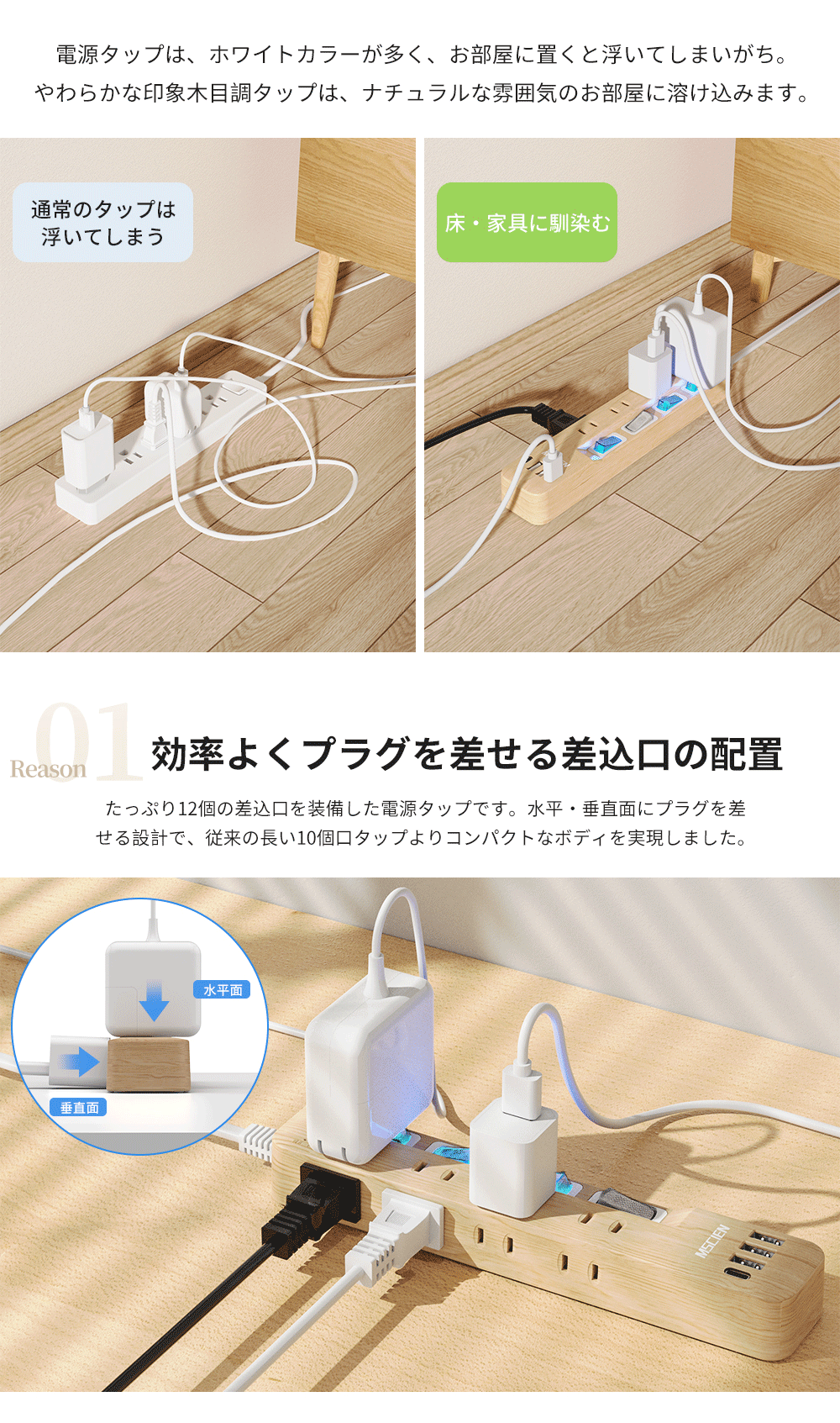 電源 タップ USBタップ 電源コード usb 2m/3m/5m USB 4口 type-c 個別スイッチ 雷ガード usb-c マルチ たこあし分岐 oaタップ テーブルタップ 延長ケーブル 木目調 ウォルナット