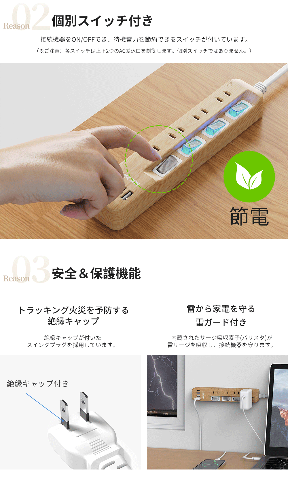 電源 タップ USBタップ 電源コード usb 2m/3m/5m USB 4口 type-c 個別スイッチ 雷ガード usb-c マルチ たこあし分岐 oaタップ テーブルタップ 延長ケーブル 木目調 ウォルナット