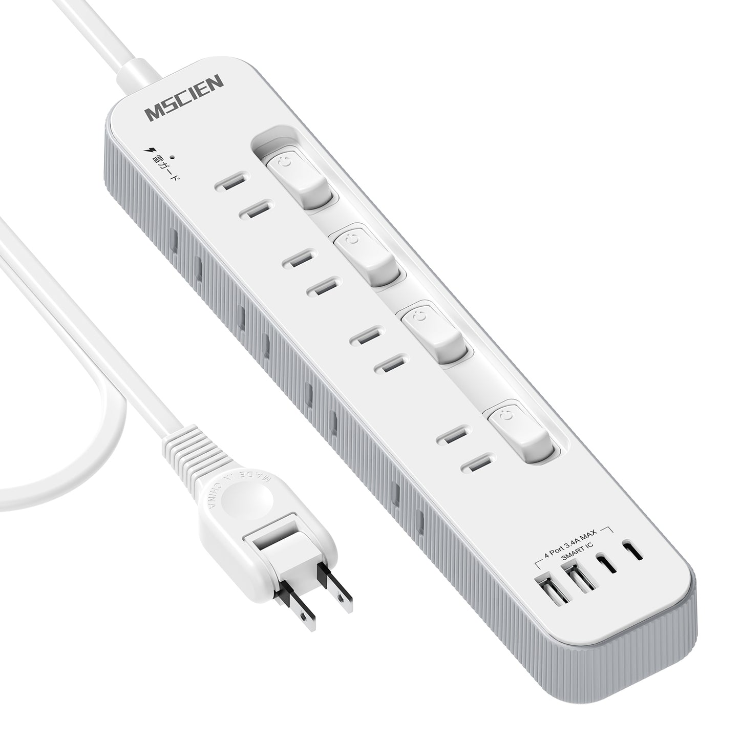Mscienエムサイン 電源タップ usb付き 延長コード2m コンセントタップ AC8口 USB-A/Type-C 各2口 電源タップ 個別スイッチ付き テーブルタップ たこあしコンセント 雷ガード たこあし配線 壁掛けにも卓上にも対応 PSE技術基準適合