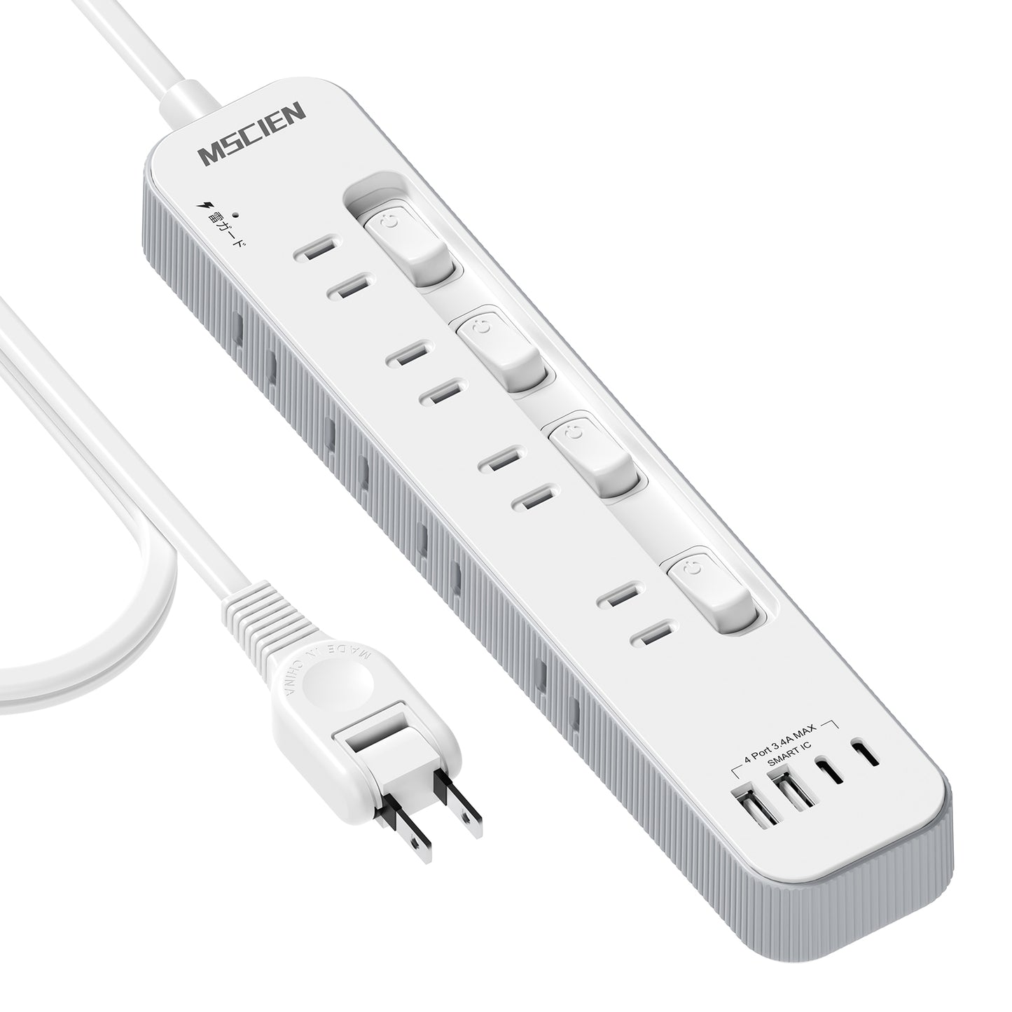 Mscienエムサイン 電源タップ usb付き 延長コード3m コンセントタップ AC8口 USB-A/Type-C 各2口 電源タップ 個別スイッチ付き テーブルタップ たこあしコンセント 雷ガード たこあし配線 壁掛けにも卓上にも対応 PSE技術基準適合