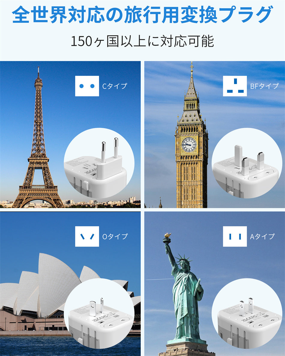 正規品  海外 変換プラグ USB2ポート付  type-c2ポート付き マルチ変換プラグ コンセント白  ACアダプター 急速 充電 海外旅行用電源変換プラグ 電源変換アダプター 電源タップ 電源 タップ O BF C SE タイプ