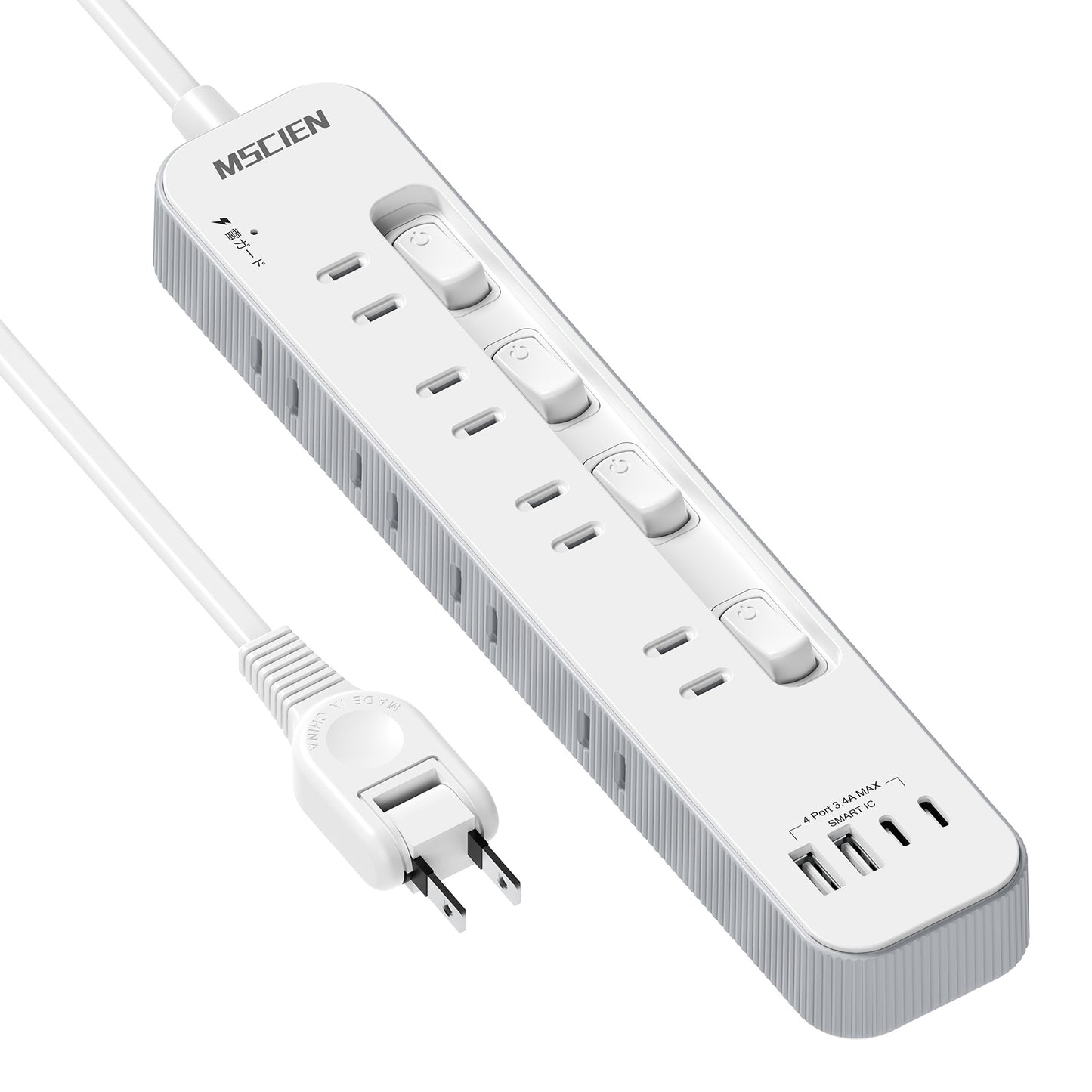 Mscienエムサイン 電源タップ usb付き 延長コード1m コンセントタップ AC8口 USB-A/Type-C 各2口 電源タップ 個別スイッチ付き テーブルタップ たこあしコンセント 雷ガード たこあし配線 壁掛けにも卓上にも対応 PSE技術基準適合