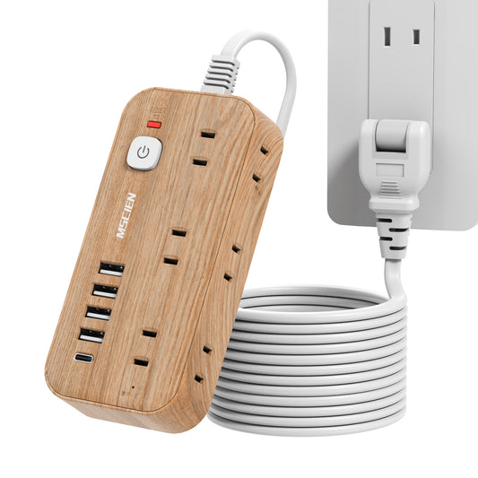 延長コード 5m エムサインMscien 電源タップ コンセントタップ たこあしコンセント テーブルタップ タコ足配線 電源コード 6個AC口 4個USB-A 1個USB-C 延長コード スイッチ付き 雷ガード 横差し コンセント 分岐 oa おしゃれ 木目 オシャレ コンパクト スリム 壁掛け/卓上に (5M)
