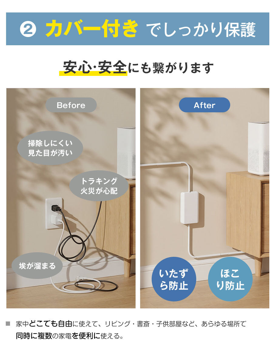 【分けて使える 革命タップ】MSCIEN 電源タップ 延長コード コンセント カバー付き電源タップ 2in1 薄型1m 2m 電源コード コンセントガード 着脱可能 壁に溶け込む 雷ガード  9個口 OAタップ安全 usb ベビーガード 火災防止