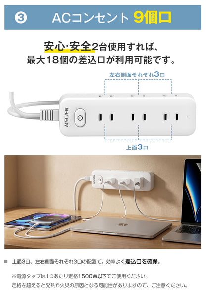 【分けて使える 革命タップ】MSCIEN 電源タップ 延長コード コンセント カバー付き電源タップ 2in1 薄型1m 2m 電源コード コンセントガード 着脱可能 壁に溶け込む 雷ガード  9個口 OAタップ安全 usb ベビーガード 火災防止