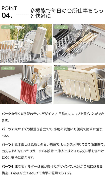 水切りラック 水切りかご スリム 大容量 コップ立て 包丁立て 組み立て簡単 まな板立て 箸置き 水を自動で流すトレー付き 細長い 狭い 省スペース キッチンラック 一人暮らし 食器 乾燥  水切りカゴ シンク横