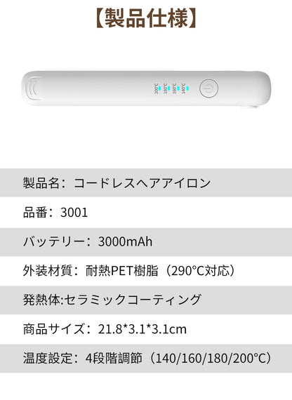 ヘアアイロン コードレス ミニ コンパクト 小型 前髪 機内持ち込みOK 140~200℃ 四段階 ヘアーアイロン 自動OFF機能付き USB-C 充電式 飛行機 持ち運び 携帯 軽量 ストレート カール 海外対応 人気 売れ筋 1年保証