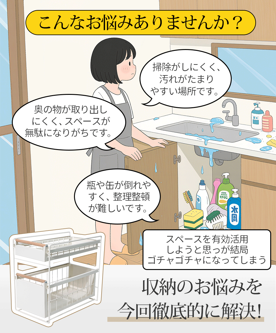 シンク下 収納 スライド ラック  キッチン下 収納 ステンレス フライパン 鍋 なべ 棚 引出し キッチンラック  台所収納 引き出しスライドラック 1段2段式  キッチン隙間収納スライド引き出し スライドラック スリム キッチンラック フライパン なべぶた 鍋蓋 スチール製 木製