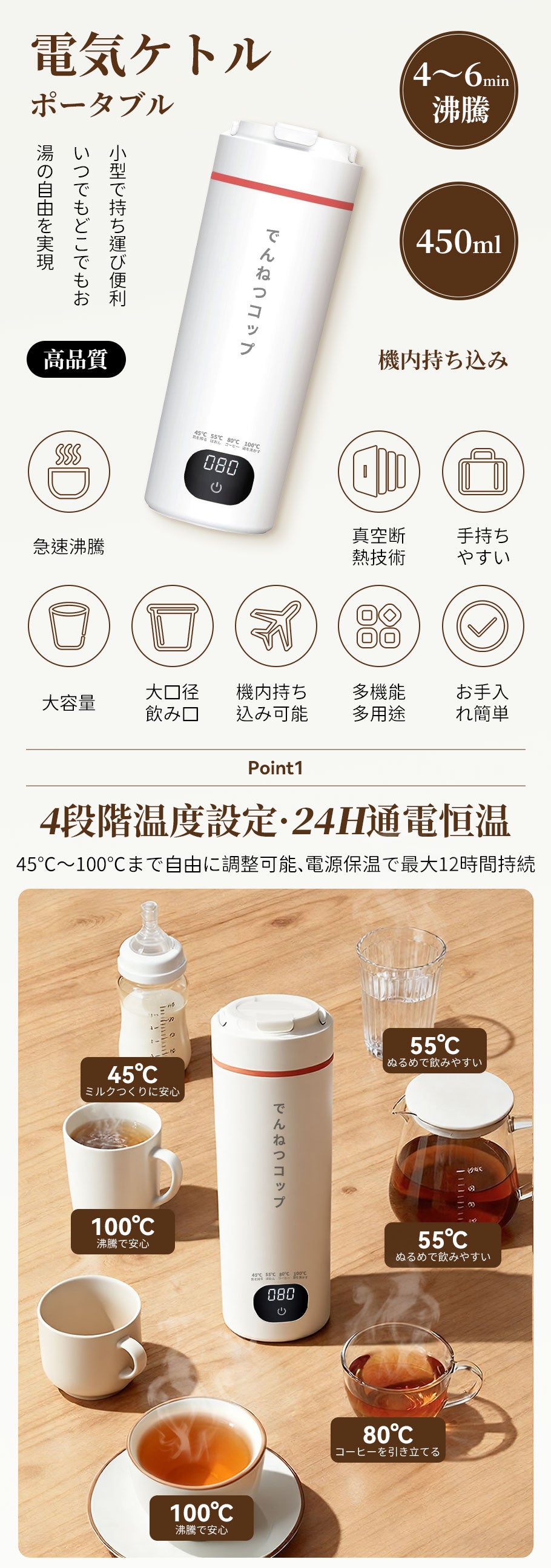 【MSCIEN】気カップ 電気ケトル 電気ポット おしゃれ 450ML 軽量 ミニ電気ボトル 魔法瓶ポット ポータブル オフィス 旅行 ワンプッシュ オープン 持ち運び 自動電源OFF 6分間沸騰  母の日ギフト 持ち運び 4段温度調節
