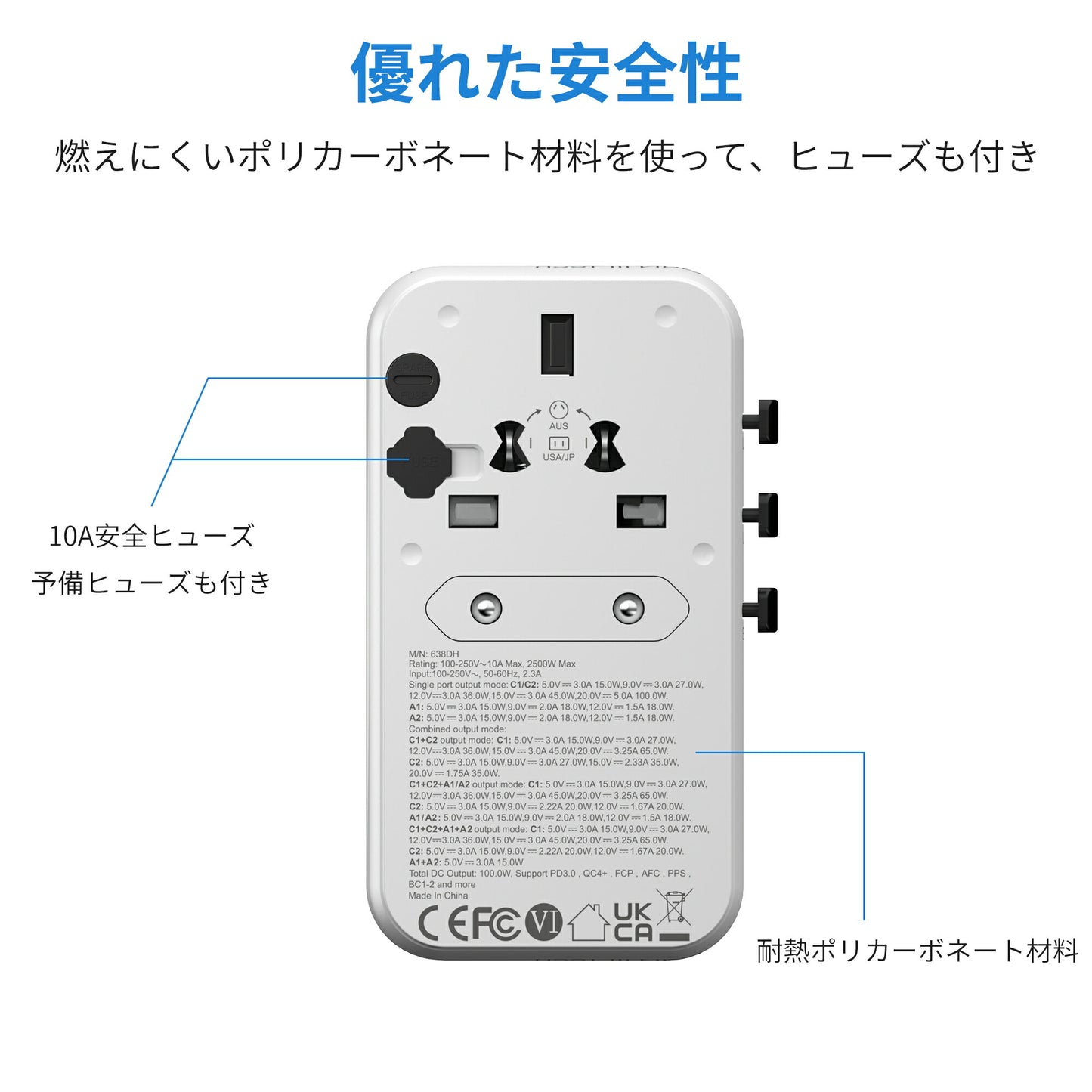 【EINNO】正規品  海外 変換プラグ マルチ変換プラグ 全世界対応 aタイプ oタイプ cタイプ bfタイプ USB2ポート付  type-c 2ポート付き 電源プラグ スマホ iPhone 充電 コンセント 世界150ヵ国以上対応