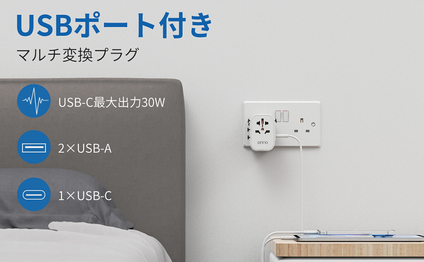 【EINNO】正規品  海外 変換プラグ マルチプラグ 全世界対応 aタイプ oタイプ cタイプ bfタイプ  5V 2.4AUSB2ポート付 20V 1.5Atype-c 1ポート付電源プラグ iPhone 充電 コンセント 世界150ヵ国以上対応