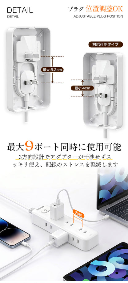 MSCIEN コンセント カバー 延長コード 取り外しカバー 1m 2m 3m 電源コード コンセントガード 壁に溶け込む 雷ガード  9個口 OAタップ安全 usb ベビーガード